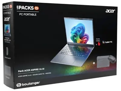 Ordinateur portable ACER Aspire A1411MX21C 14" Snapdragon X 16 Go RAM DDR5 SSD 512 Go sourie et sacoche incluses Copilot+PC Ordinateur portable ACER Aspire A1411MX21C 14" Snapdragon X 16 Go RAM DDR5 SSD 512 Go sourie et sacoche incluses Copilot+PC