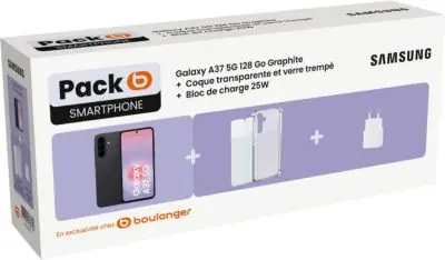 Smartphone SAMSUNG Pack A37 5G 128Go Graphite Black + Coque transparente + Verre trempé + Bloc de charge 25W Smartphone SAMSUNG Pack A37 5G 128Go Graphite Black + Coque transparente + Verre trempé + Bloc de charge 25W